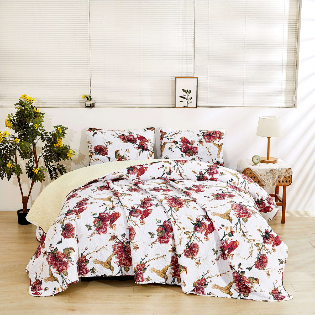 Vintage Rose Garden Hummingbirds Burgundy and White Floral Quilt Set – view 11
