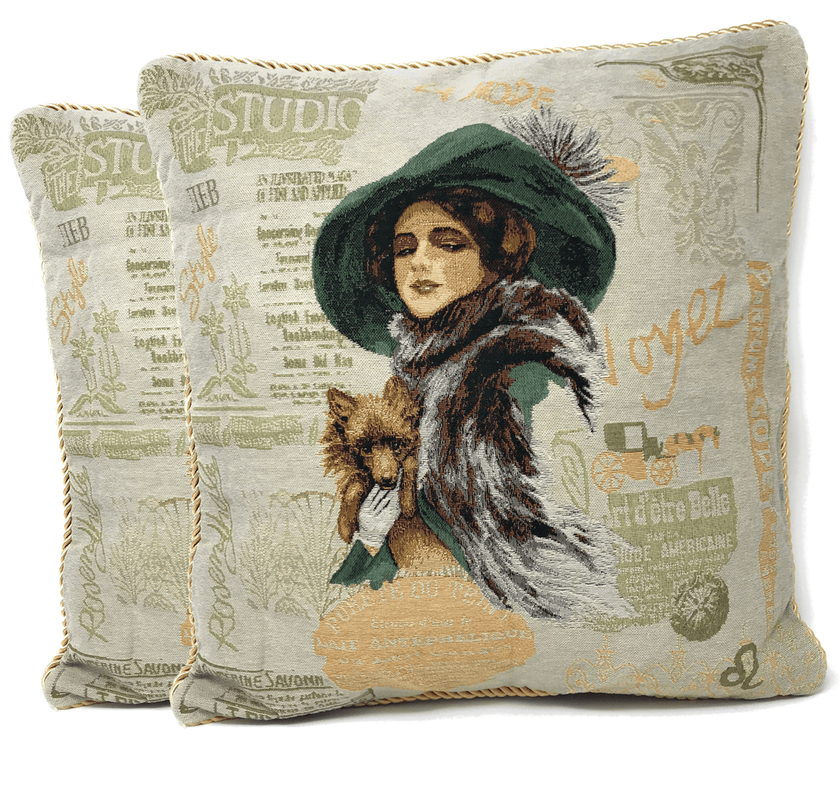 Puppy Day Out French Postcard Emerald Green Tapestry Pillow Cover – view 8