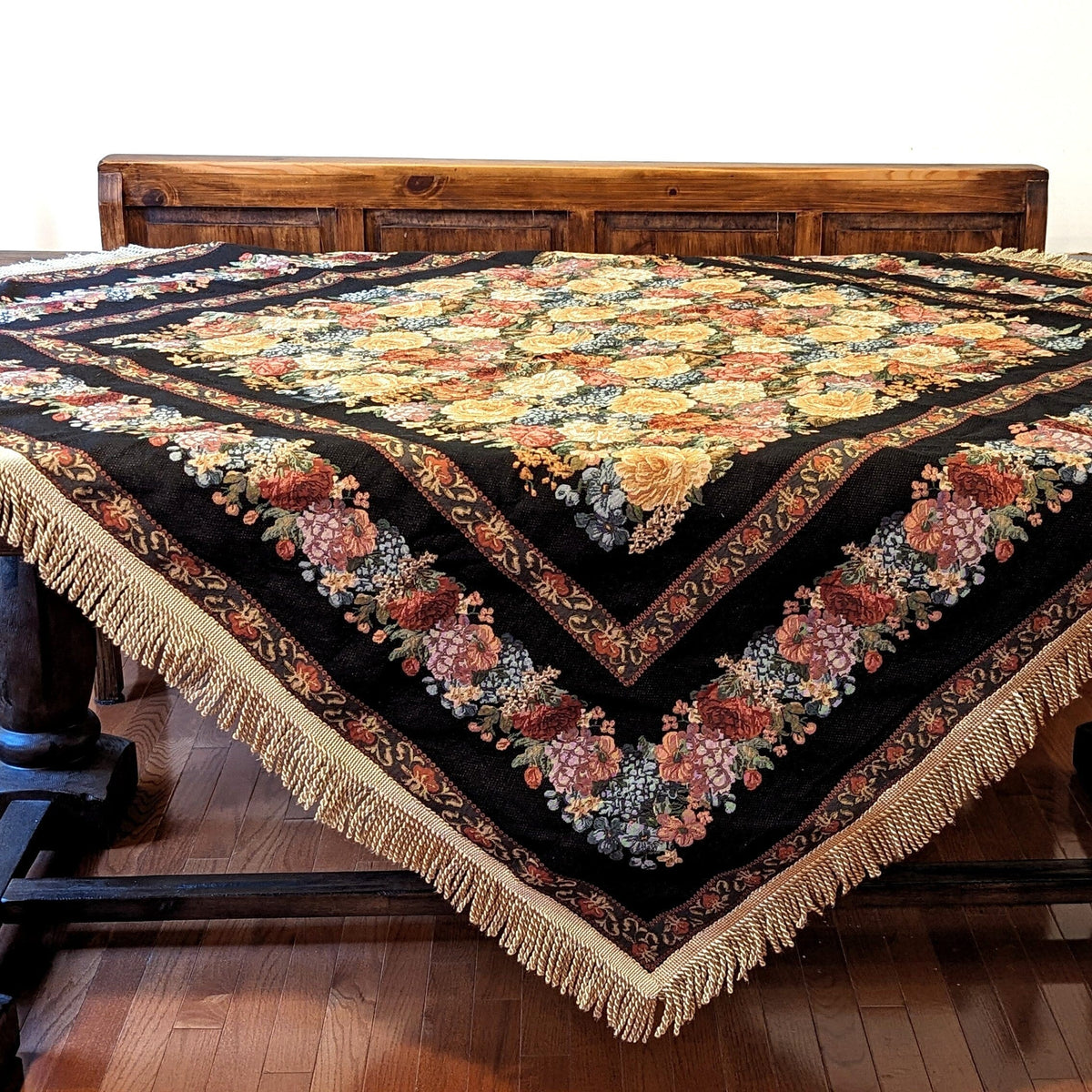 Midnight Awakening Black Floral Country Rustic Woven Tablecloth – view 9