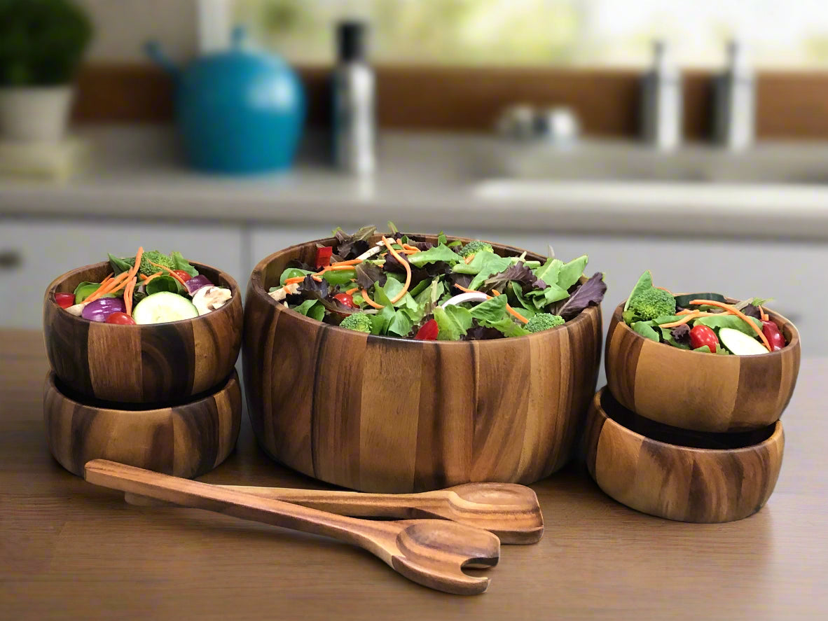 Extra Large Acacia Wood Salad Bowl Set with Servers and 4 Bowls – view 2
