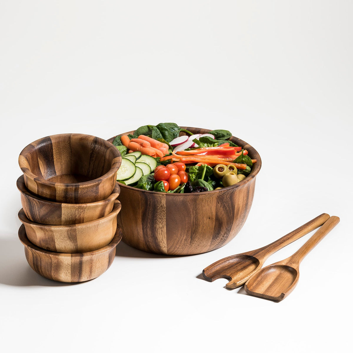 Large Acacia Wood Salad Bowl Set, 11 Inch Bowl with Servers and 4 Bowls – view 2