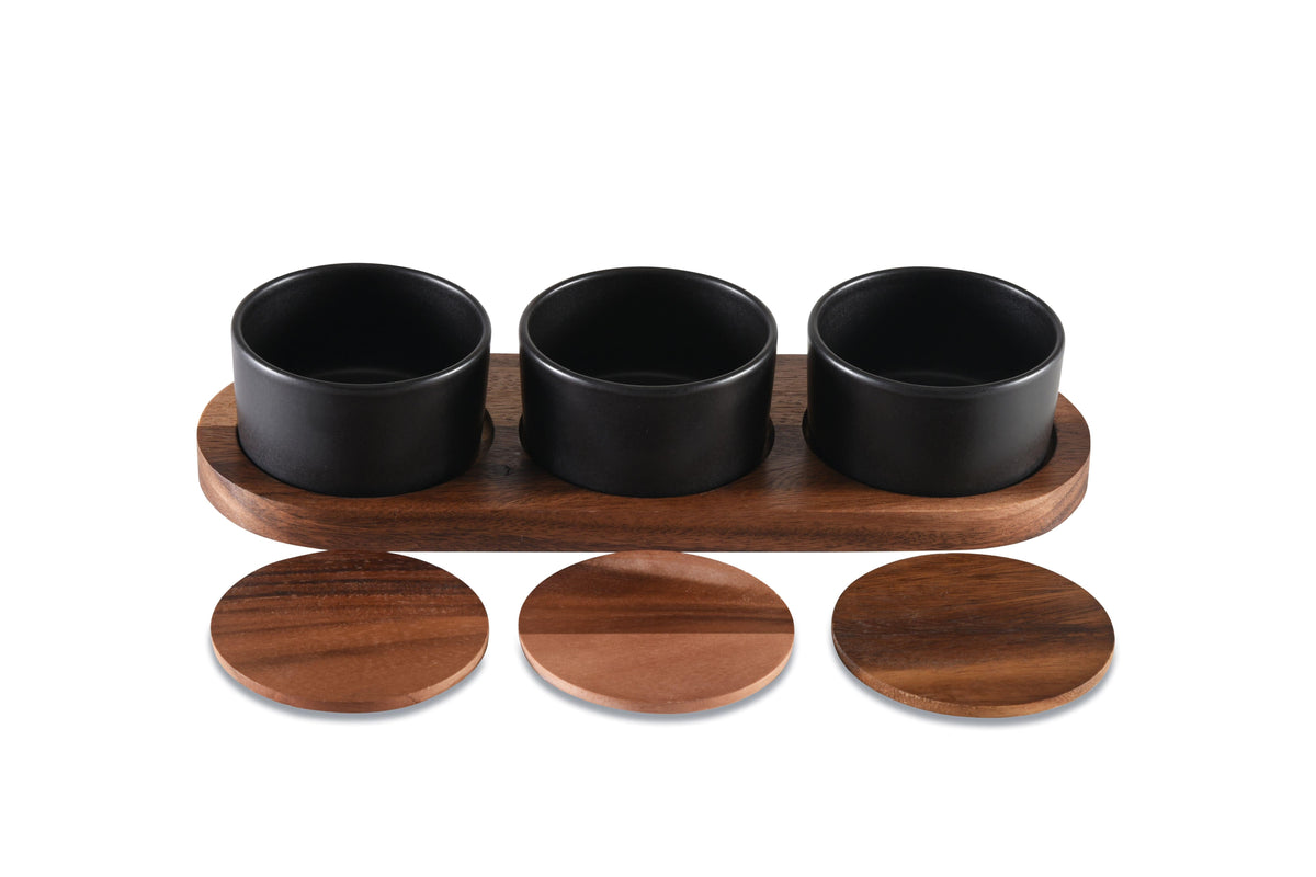 Ceramic Condiment Serving Set with 3 Lidded Dishes on Acacia Wood Base – view 2