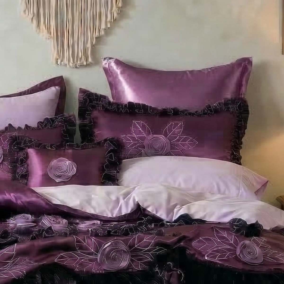 Midnight Bloom Dark Purple Satin Euro Sham, 26 x 26 – view 5