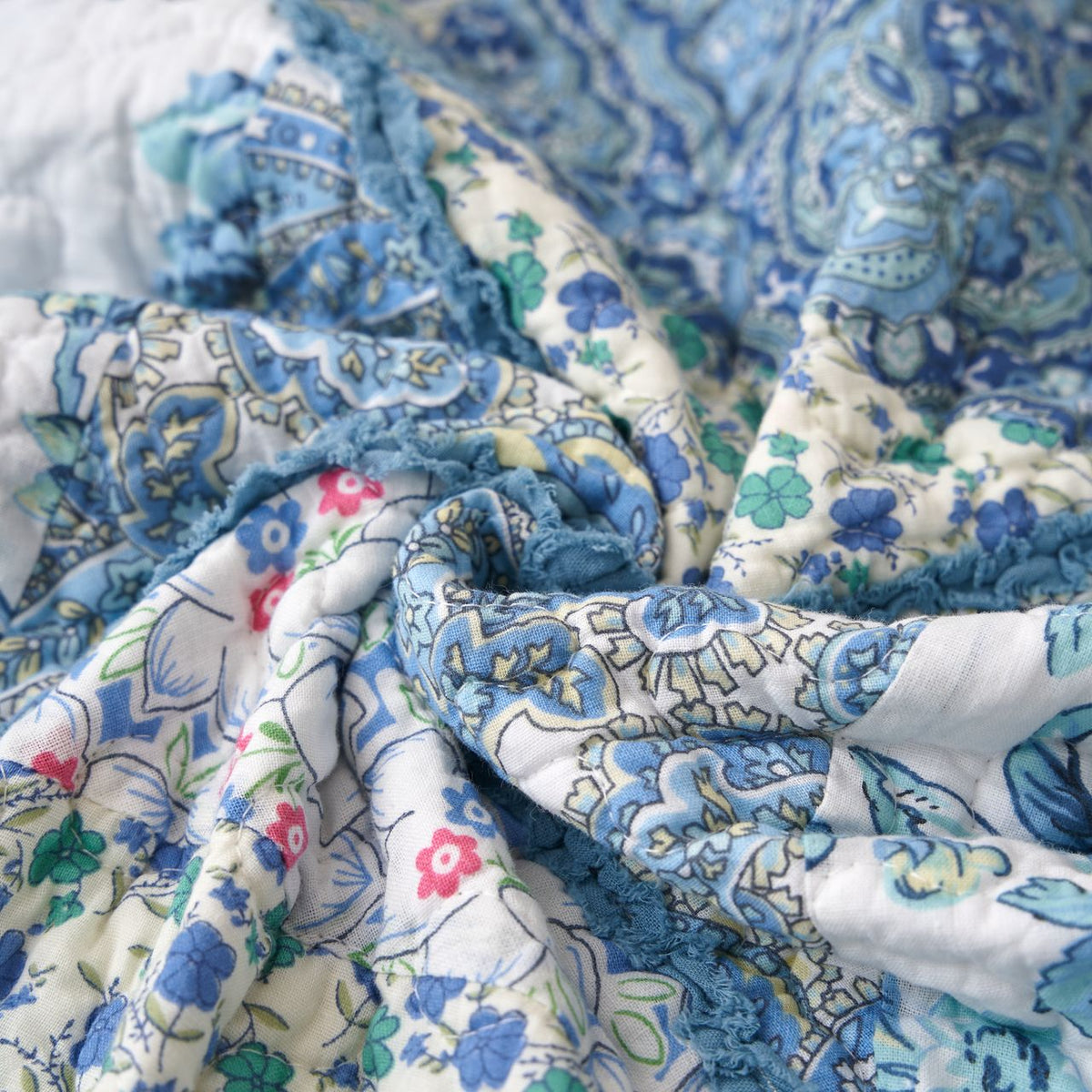Petal Dance Blue and White Floral Cotton Patchwork Quilted Throw Blanket – view 11