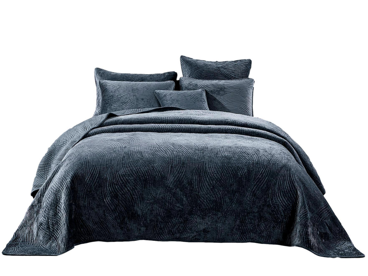 Steel Navy Blue Velvet Quilt Set with Plush Wave Stitching – view 8