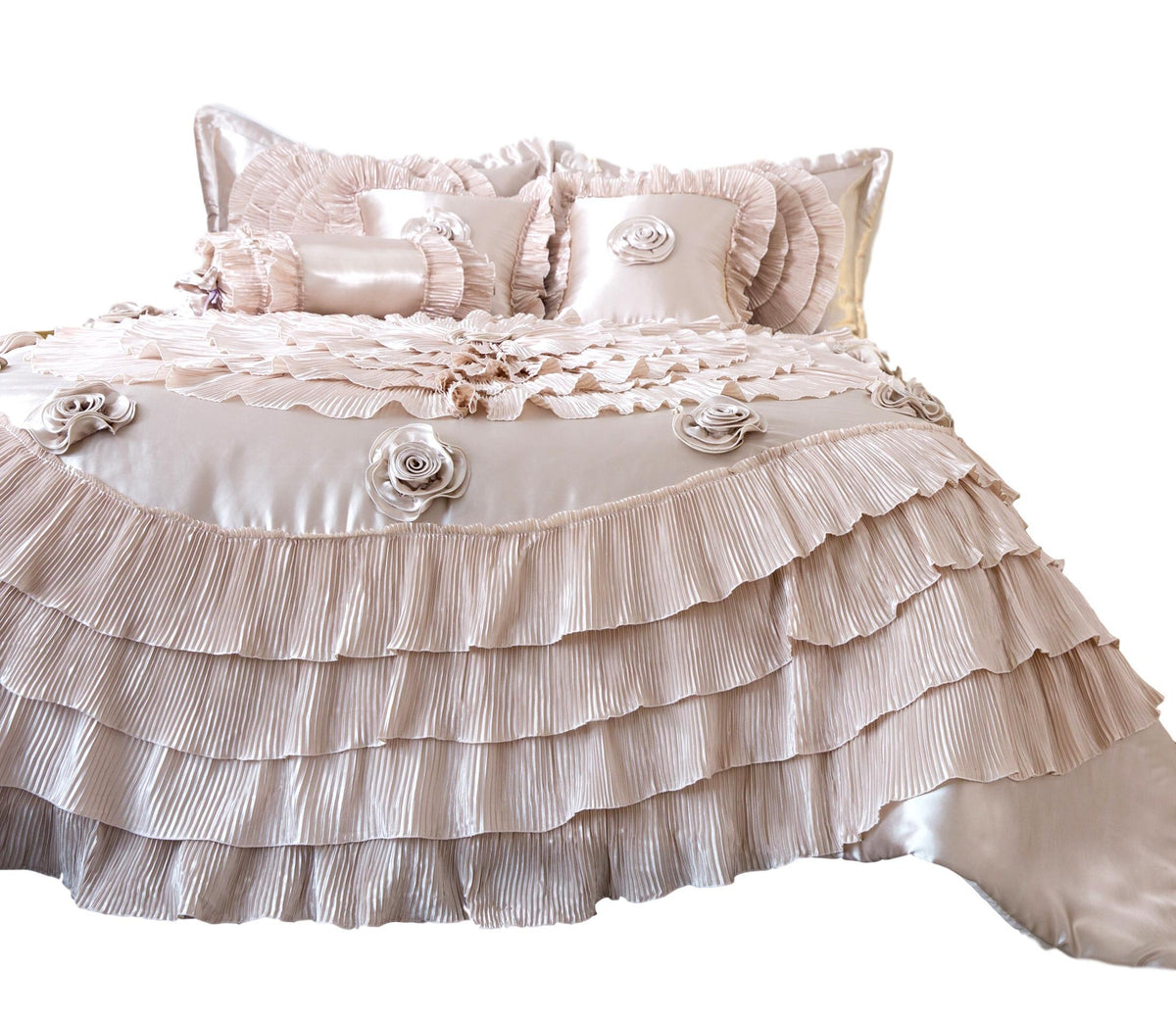 Frosted Field Champagne Beige Satin Ruffle Comforter Set – view 9