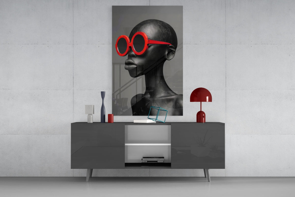 Red Round Sunglasses Gray Portrait Glass Wall Art – Fashion Print – view 8