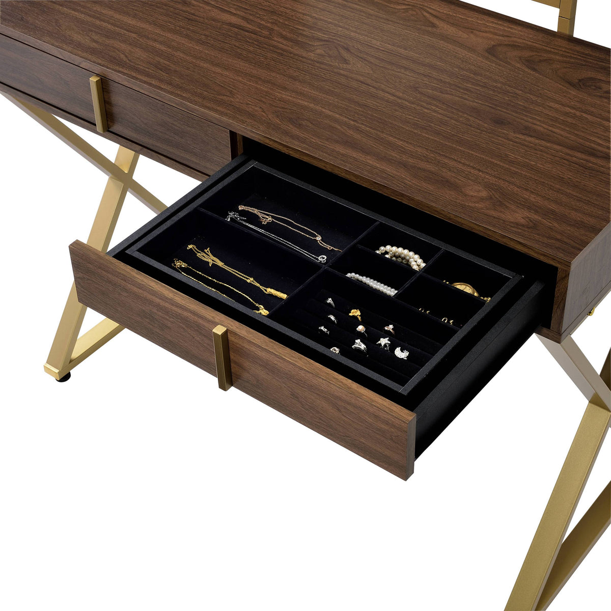 Coleen Walnut and Gold Vanity Desk with Mirror and Jewelry Tray – view 8
