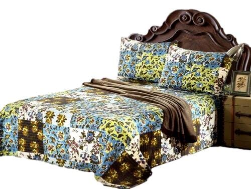 Mystical Forest Green and Blue Leaves Cotton Quilt Set – view 12