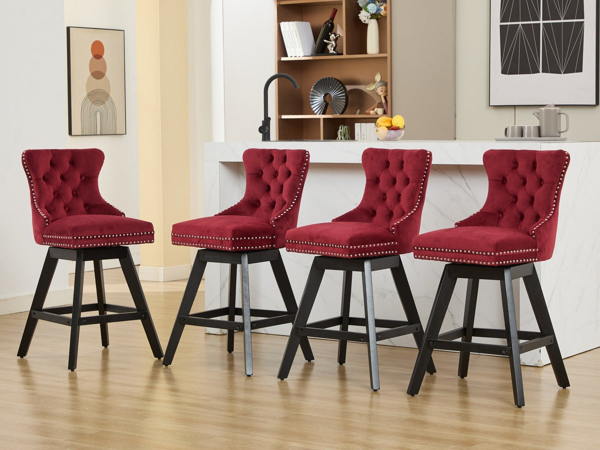 Wine Red Velvet Swivel Bar Stools with Button Tufting, Set of 2 – view 24