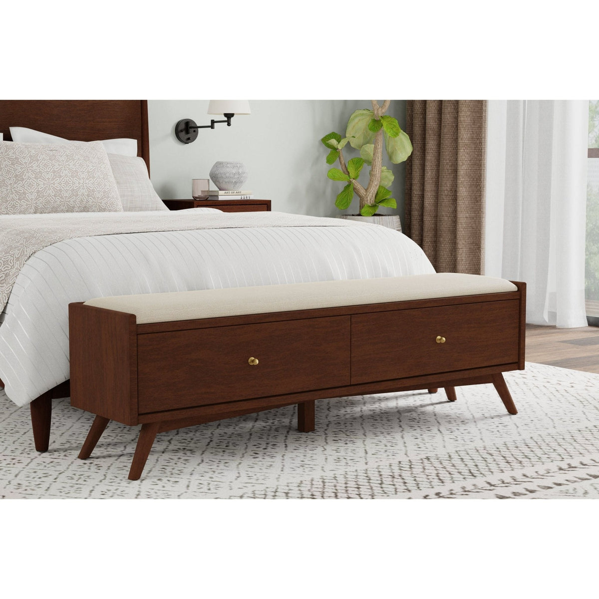 Flynn Upholstered Bench in Espresso Walnut with Tapered Mahogany Legs – view 9