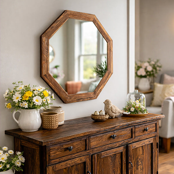 Octagonal Natural Wood Frame Wall Mirror for Farmhouse Decor – view 9