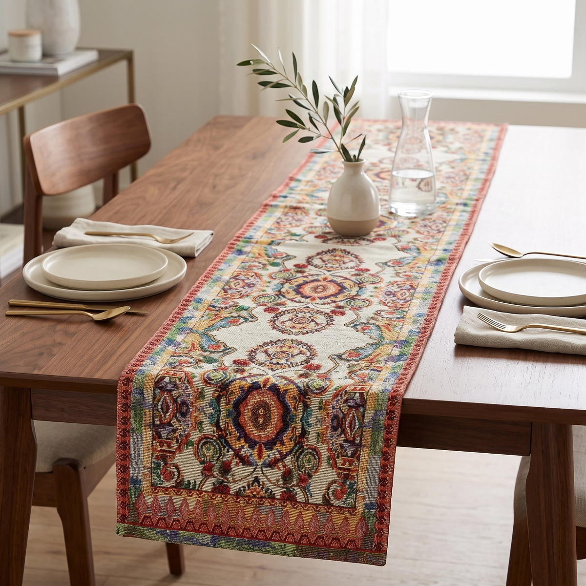 Elegant Ivory Ornate Paisley Woven Tapestry Table Runner – view 9