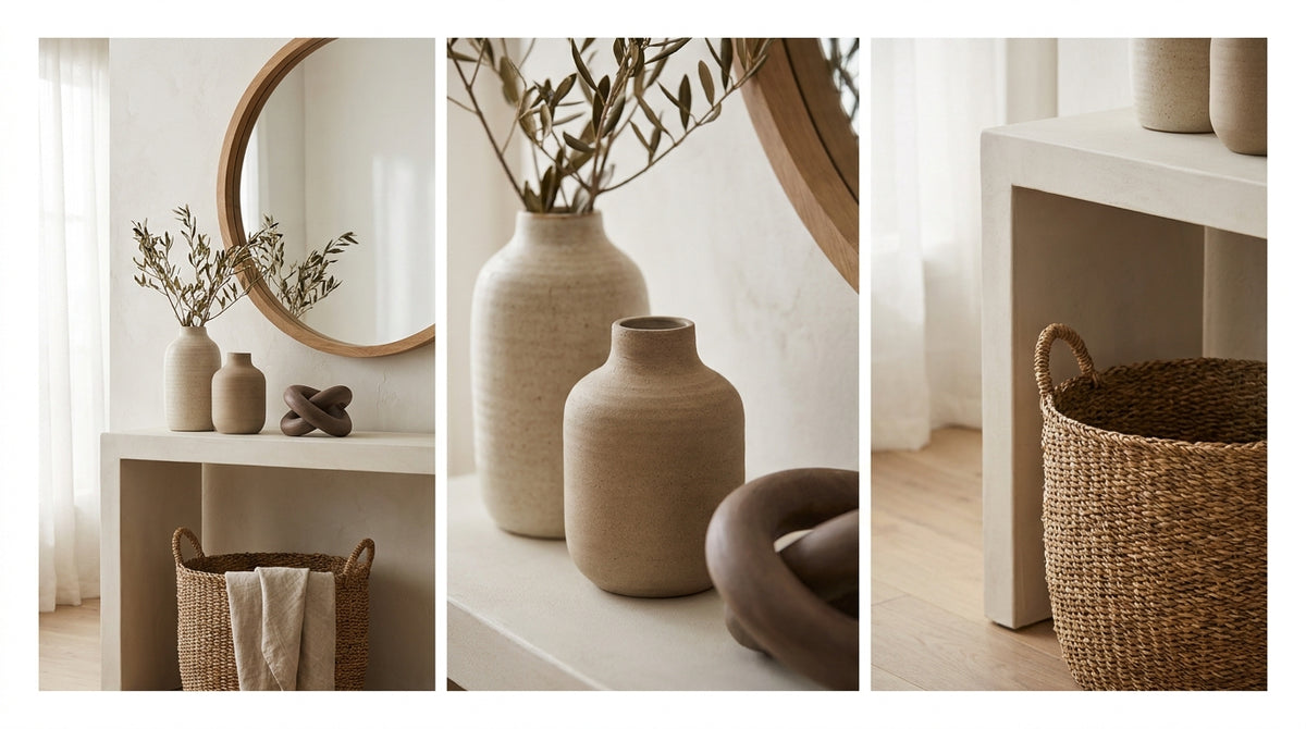 Home décor: mirror, vases and woven basket