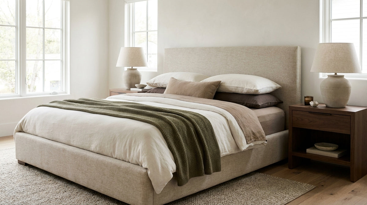 Styled bedroom with upholstered bed and neutral bedding