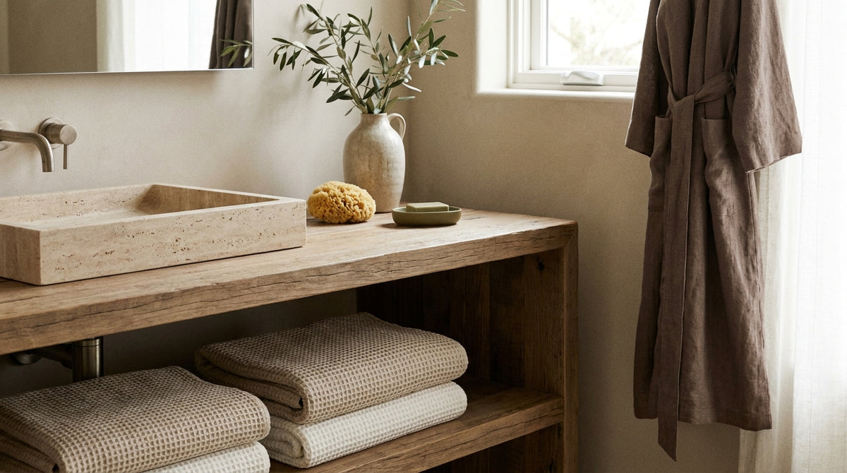 Turkish cotton towels and stone basin bath