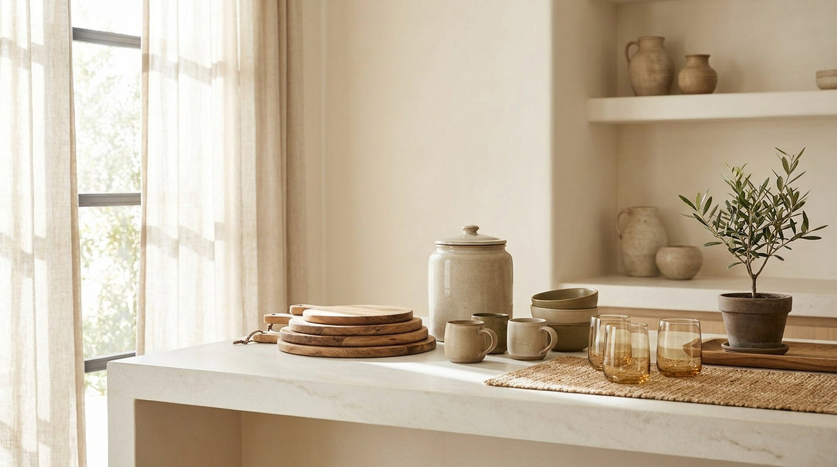 Kitchen counter with wood boards and ceramic canisters