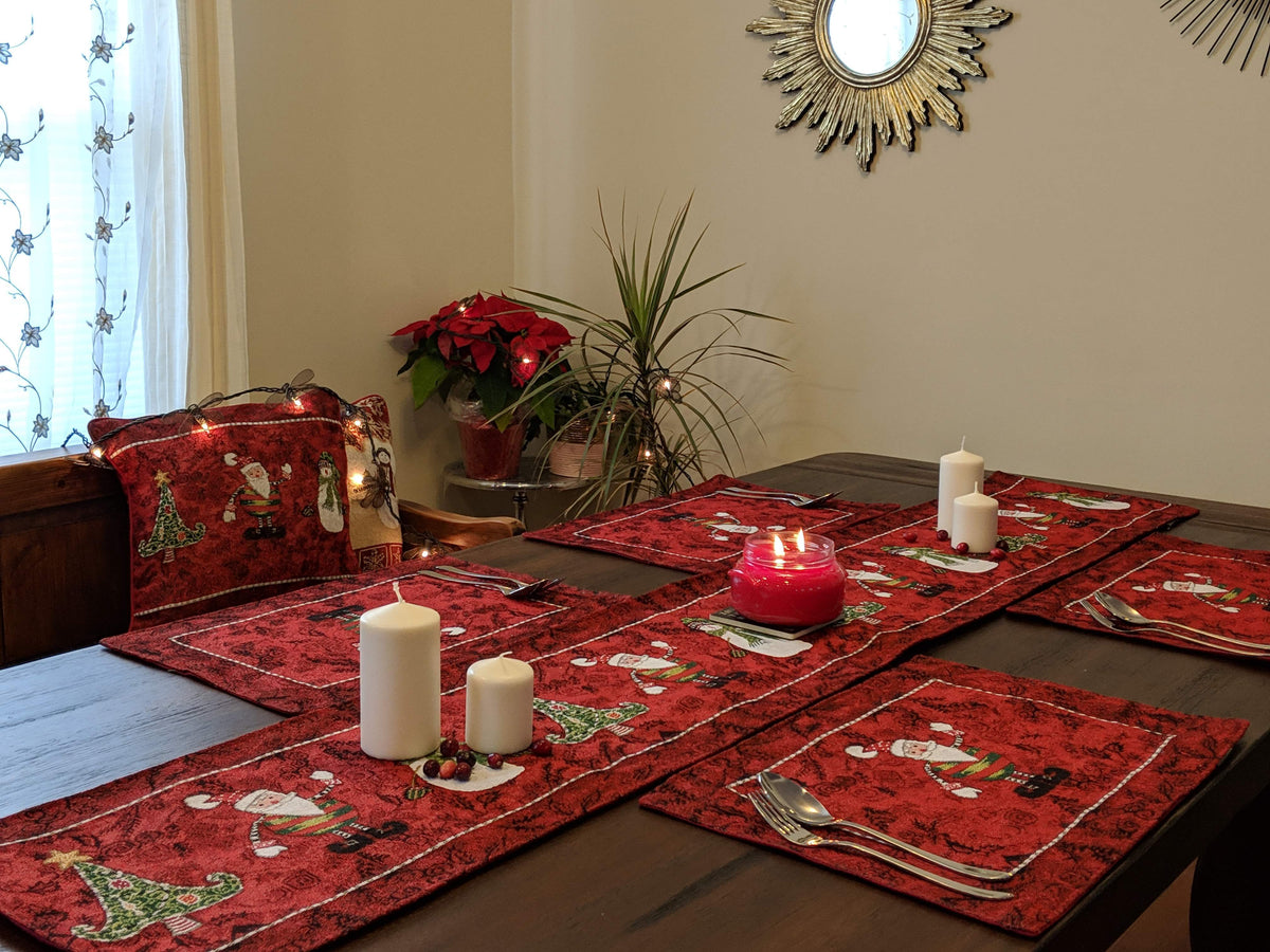 Red Woven Tapestry Christmas Placemat Set with Santa Claus and Snowman – view 9