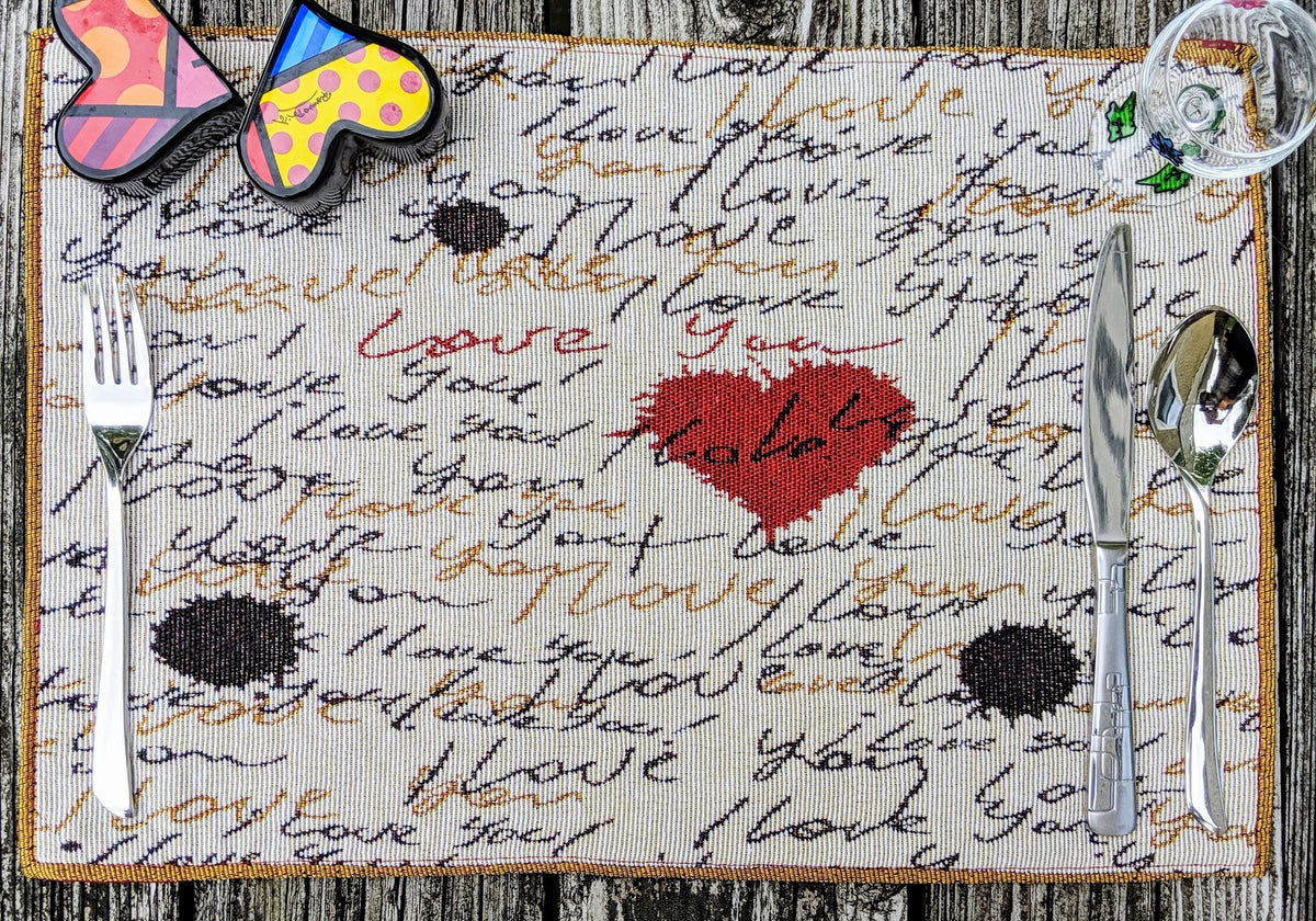Woven Tapestry Placemat Set with Golden Beige Love Letter Design