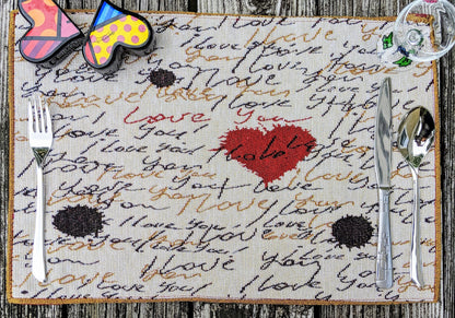 Woven Tapestry Placemat Set with Golden Beige Love Letter Design