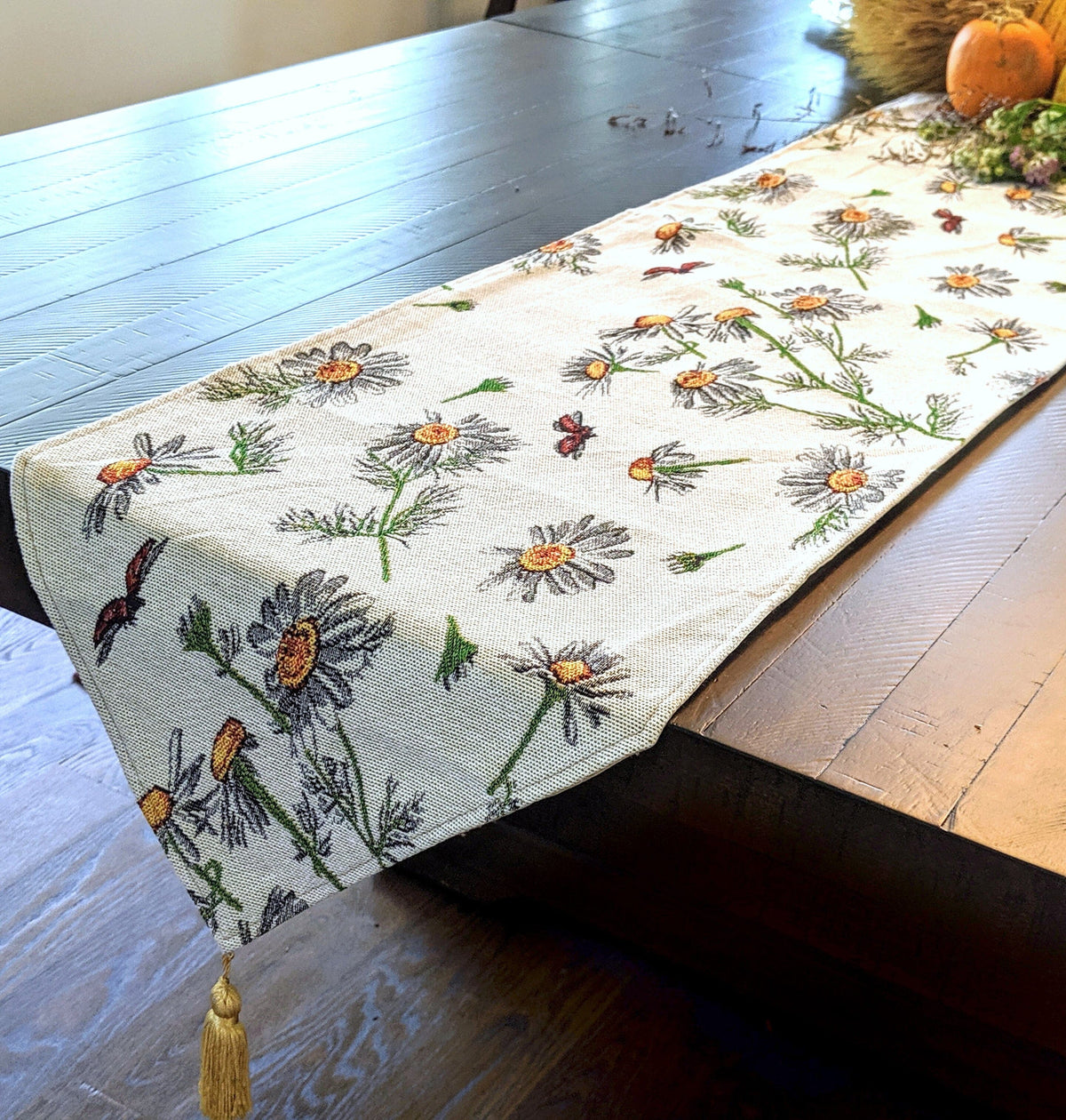 Woven Tapestry Table Runner with Yellow Daisies and Ladybugs