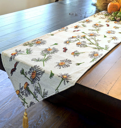 Woven Tapestry Table Runner with Yellow Daisies and Ladybugs