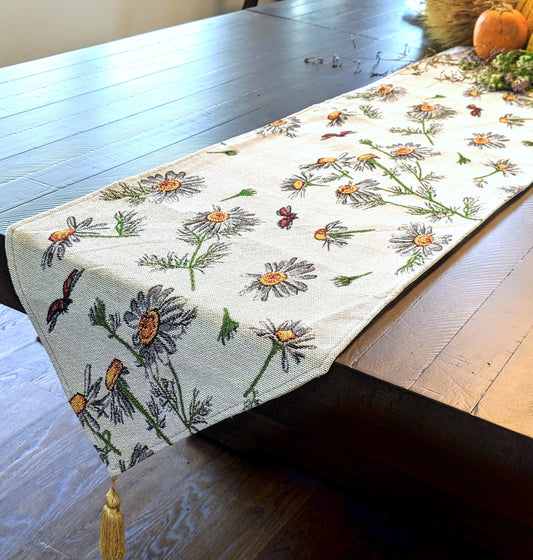 Woven Tapestry Table Runner with Yellow Daisies and Ladybugs
