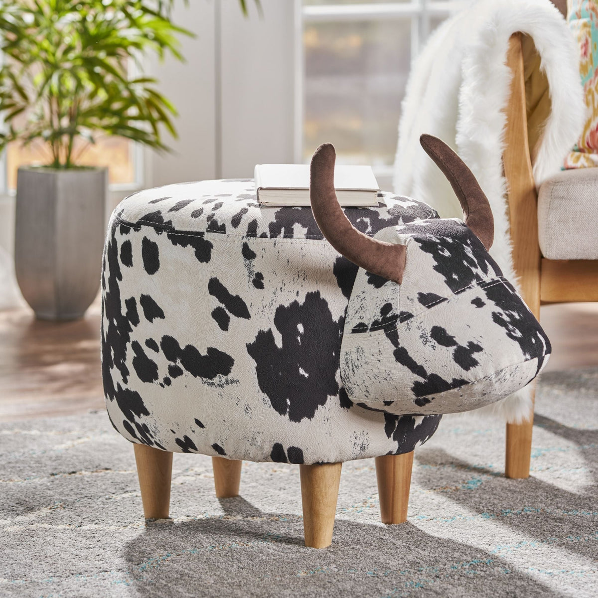 Cow-Shaped Ottoman Footstool in Fabric and Wood, Black or Dark Brown – view 3