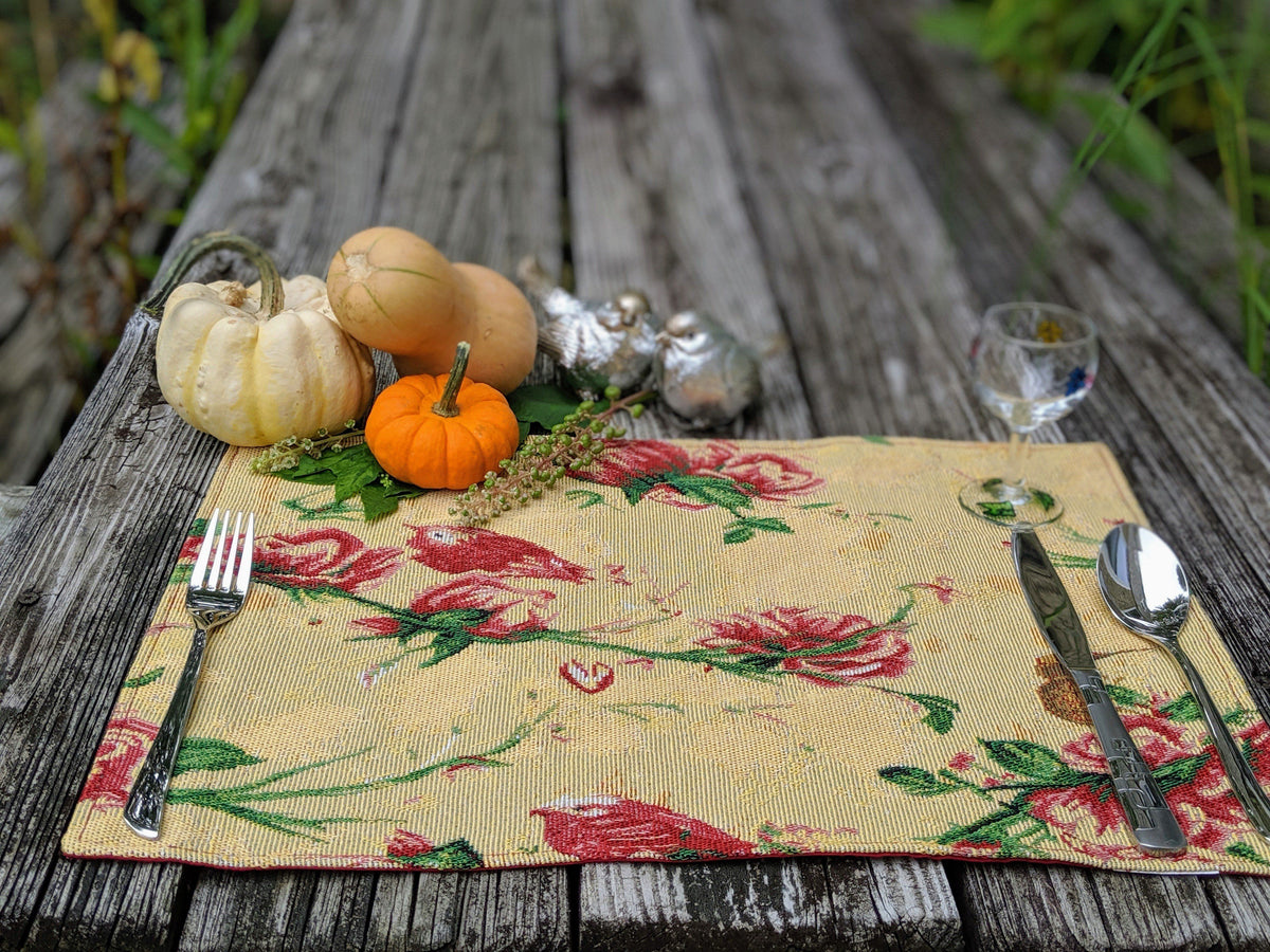 Red Roses and Finches Golden Woven Tapestry Placemat Set – view 5
