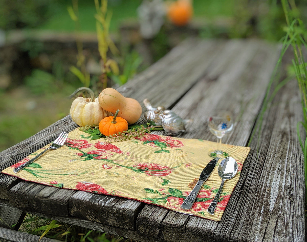 Red Roses and Finches Golden Woven Tapestry Placemat Set – view 6