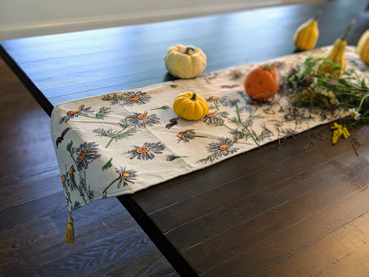 Yellow Daisies and Ladybugs Ivory Woven Tapestry Table Runner – view 6