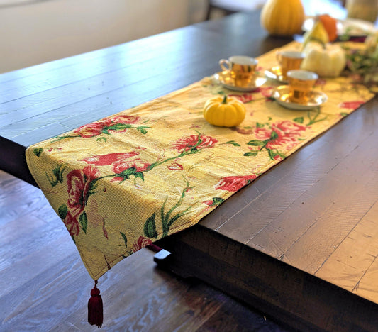 Golden Woven Tapestry Table Runner with Red Roses & Finches