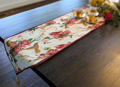 Woven Tapestry Table Runner with Floral Roses and Finches in Ivory