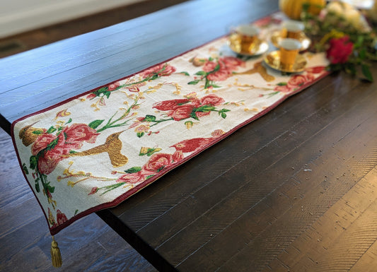 Woven Tapestry Table Runner with Floral Roses and Finches in Ivory