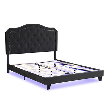 Queen Velvet Upholstered Bed with Button-Tufted Curved Headboard and LED – view 6