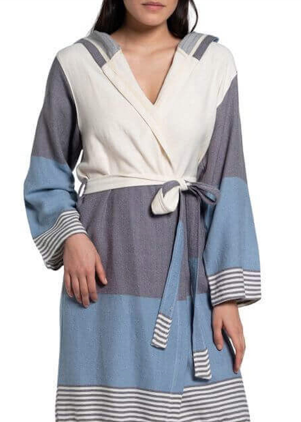 Color-Block Turkish Cotton Hooded Bathrobe, Knee-Length Unisex – view 11