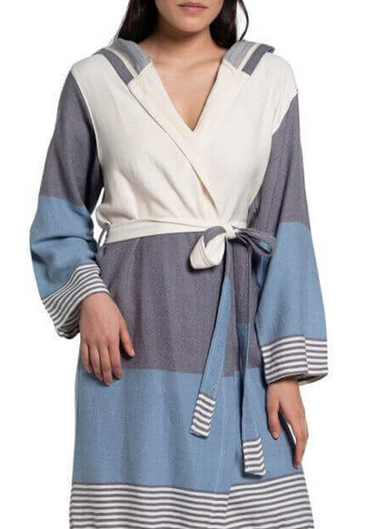 Color-Block Turkish Cotton Hooded Bathrobe, Knee-Length Unisex – view 11