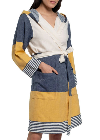 Color-Block Turkish Cotton Hooded Bathrobe, Knee-Length Unisex – view 7