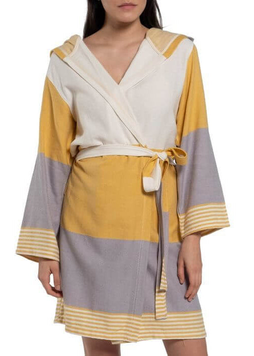Color-Block Turkish Cotton Hooded Bathrobe, Knee-Length Unisex – view 10