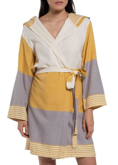 Color-Block Turkish Cotton Hooded Bathrobe, Knee-Length Unisex – view 10