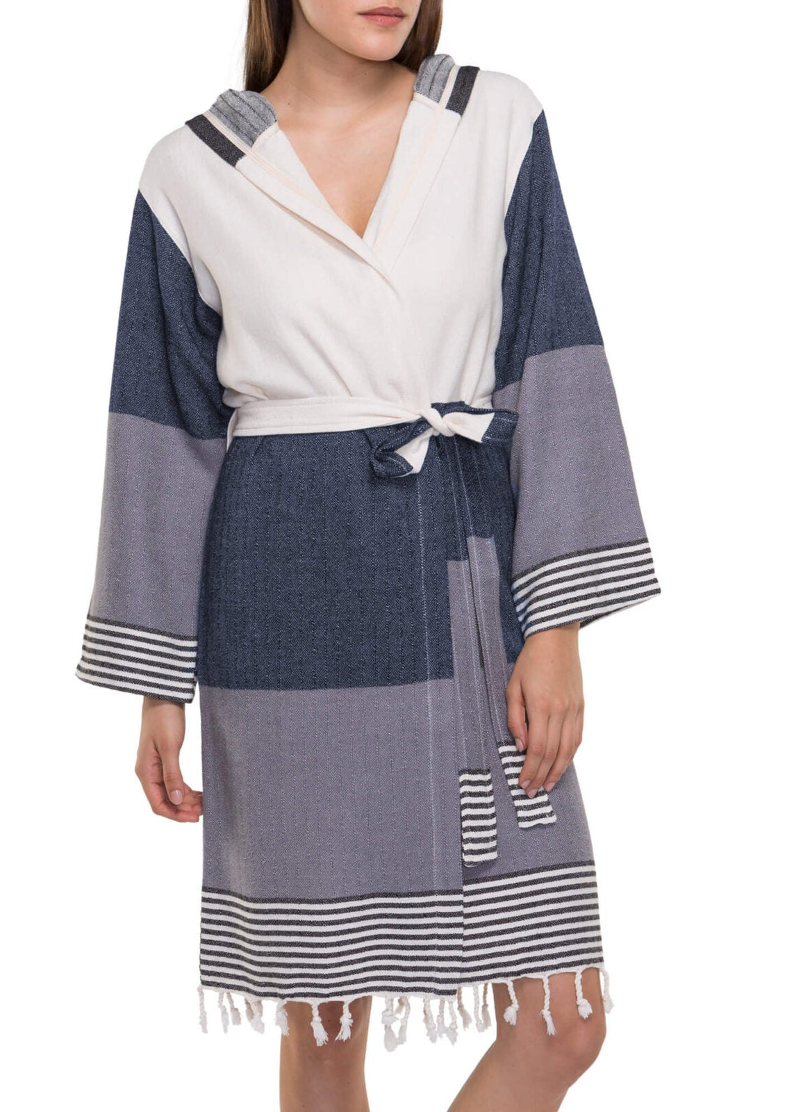 Color-Block Turkish Cotton Hooded Bathrobe, Knee-Length Unisex – view 5