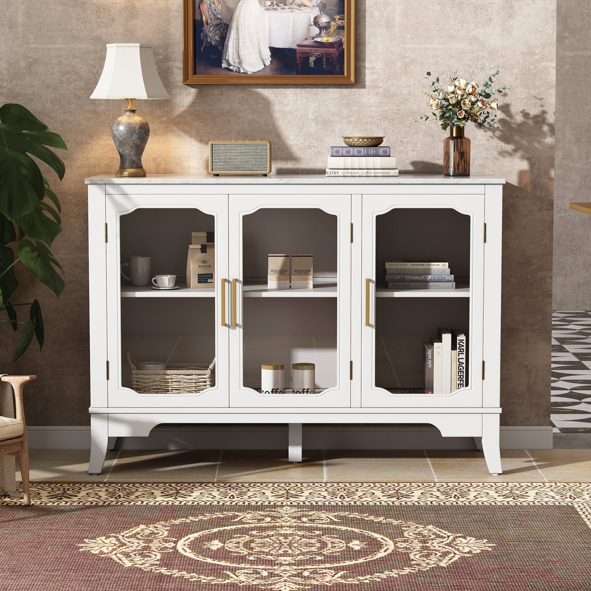 White 3-door storage cabinet with glass panels and gold handles in a modern dining room