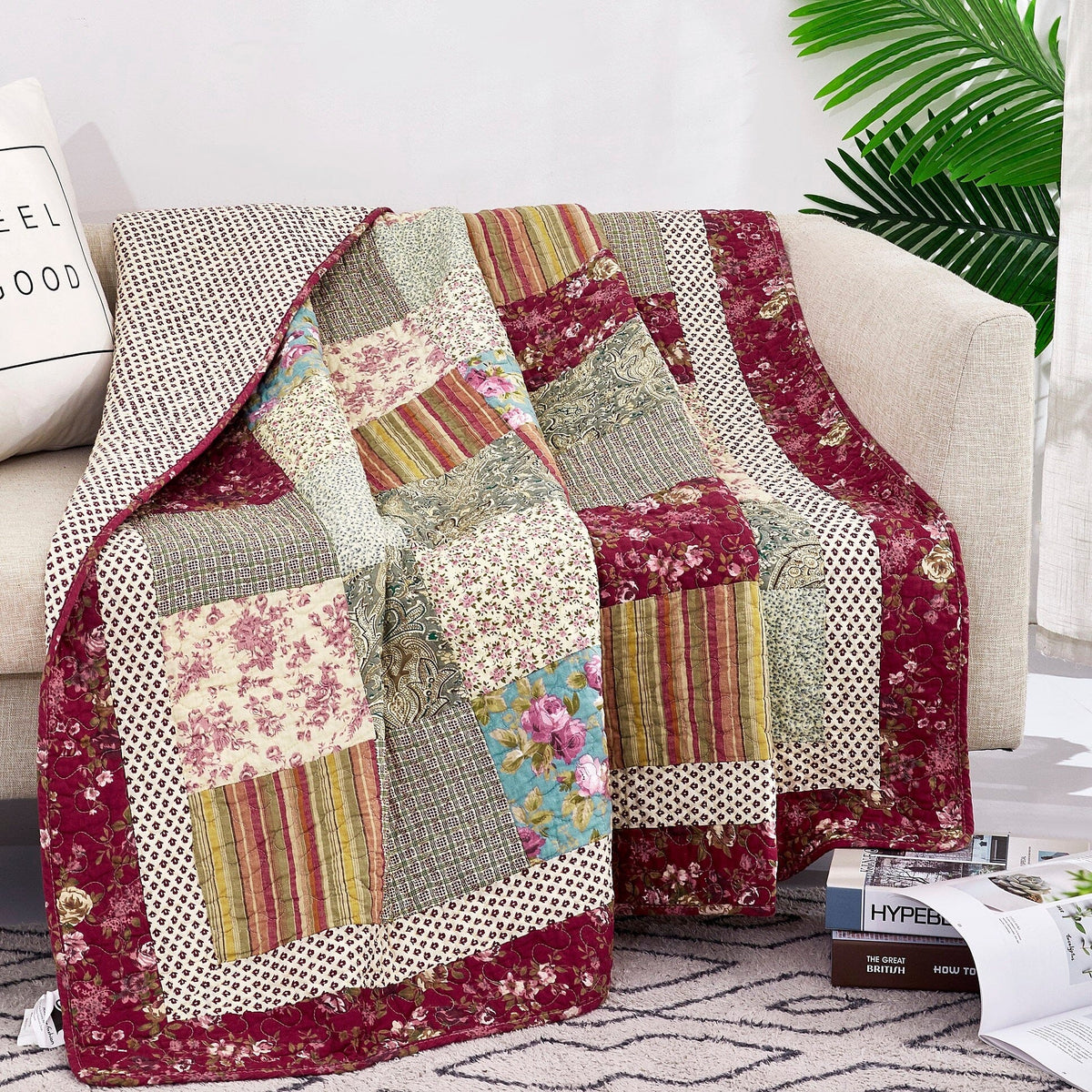 Cotton Patchwork Quilted Throw Blanket, Beige Burgundy Floral