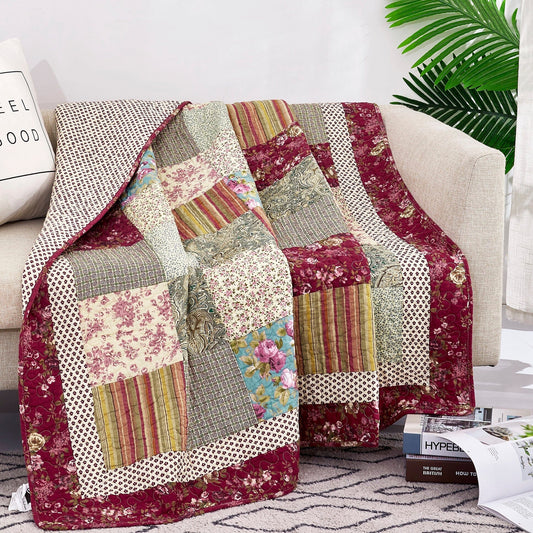 Cotton Patchwork Quilted Throw Blanket, Beige Burgundy Floral