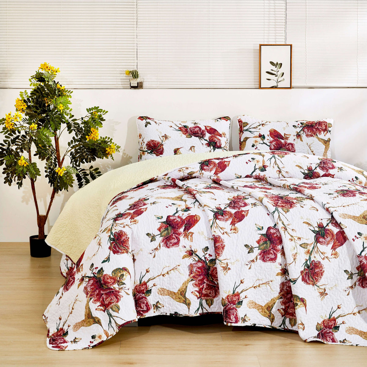 Vintage Rose Garden Hummingbirds Burgundy and White Floral Quilt Set – view 10