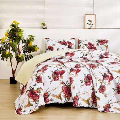 Vintage Rose Garden Hummingbirds Burgundy and White Floral Quilt Set – view 10