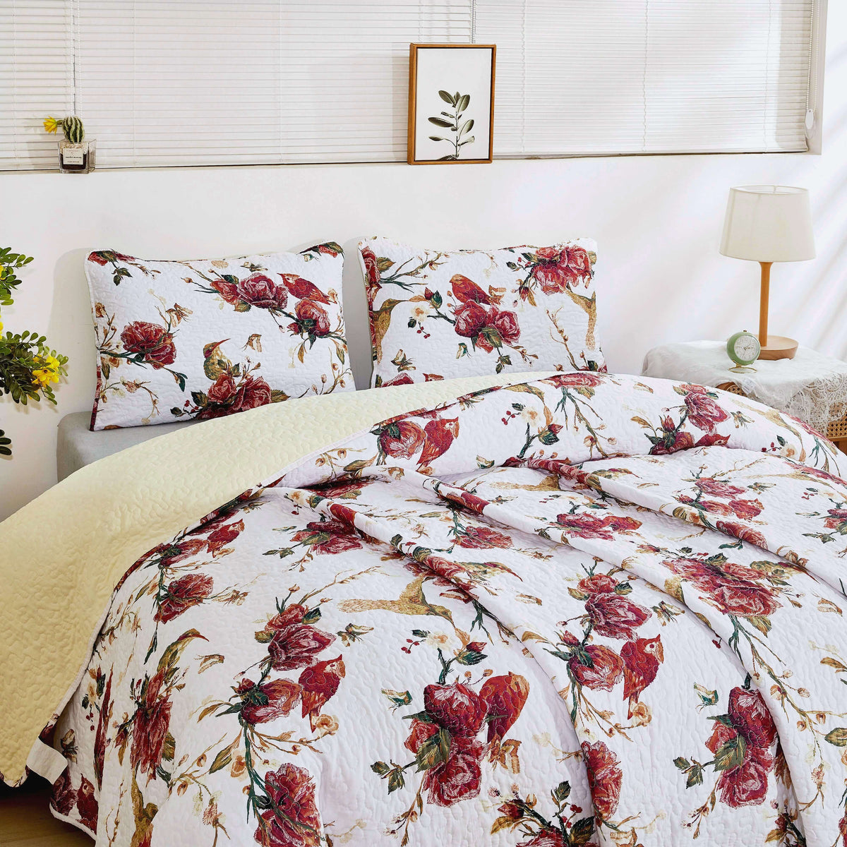Vintage Rose Garden Hummingbirds Burgundy and White Floral Quilt Set – view 8