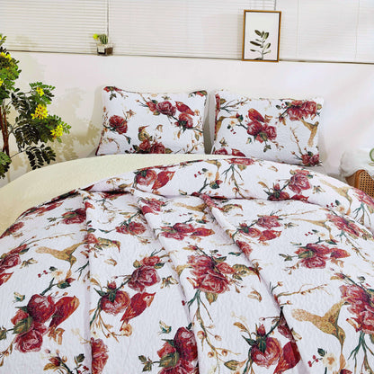 Vintage Rose Garden Hummingbirds Burgundy and White Floral Quilt Set – view 9