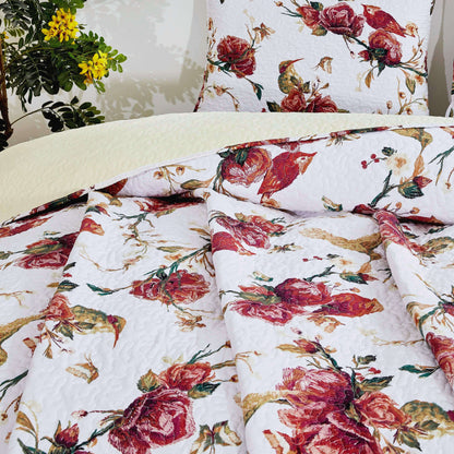 Vintage Rose Garden Hummingbirds Burgundy and White Floral Quilt Set – view 7