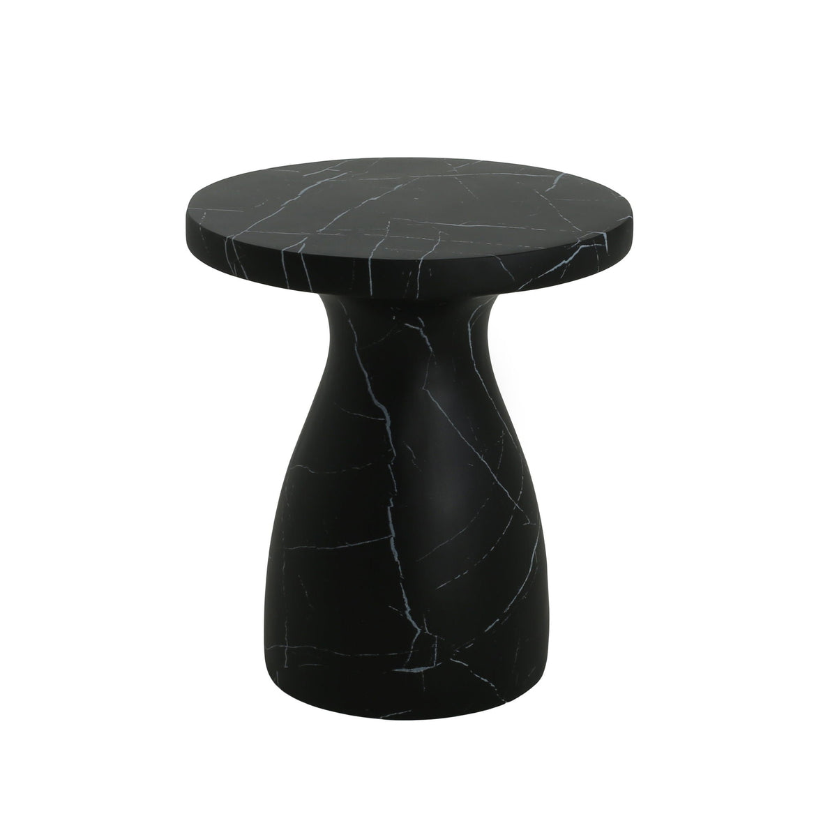 Beige travertine-look concrete side table with a square top on an outdoor patio